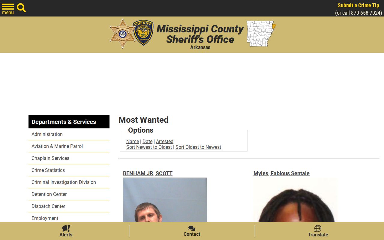 Official Mississippi County Sheriff Most Wanted list interface