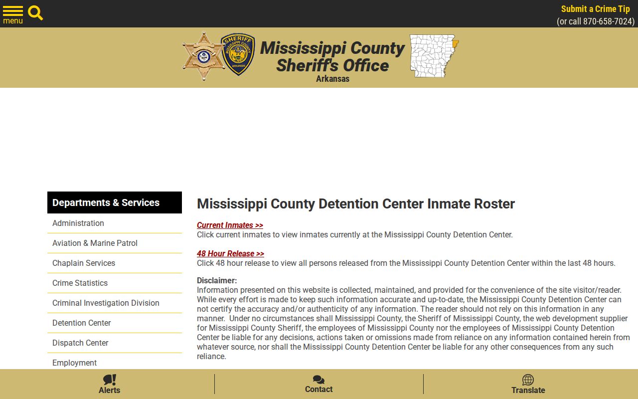 Mississippi County sheriff roster chooser for current inmates and recent releases