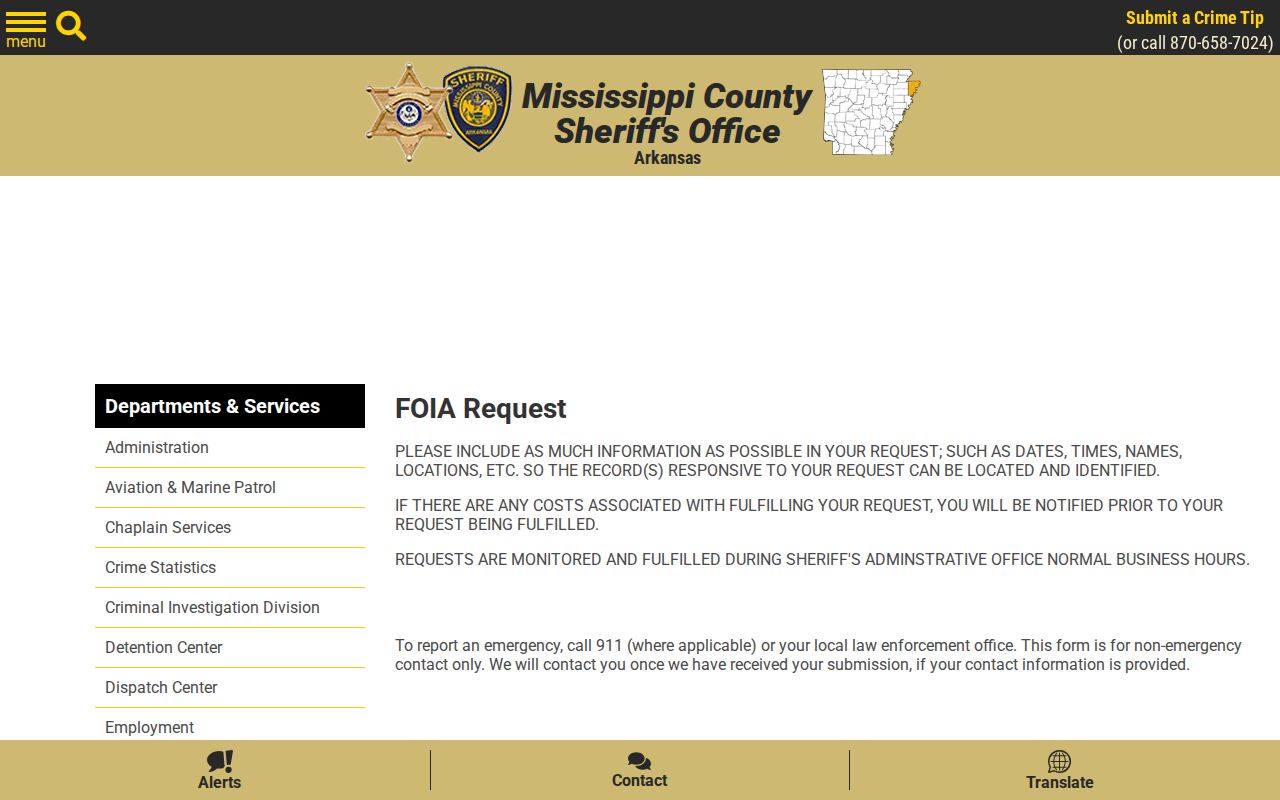 Mississippi County Sheriff online FOIA records request form