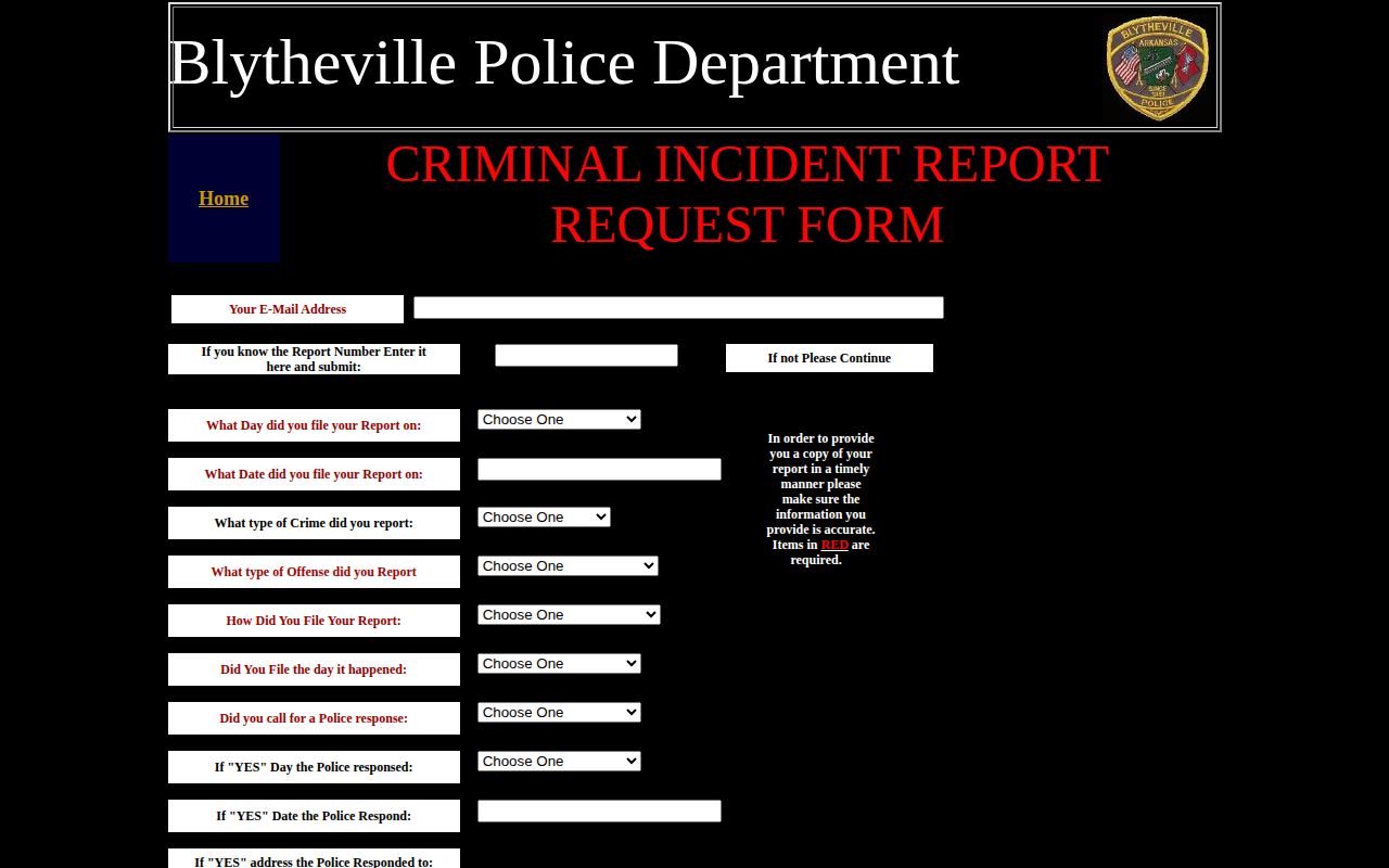 Blytheville Police Department criminal report request page